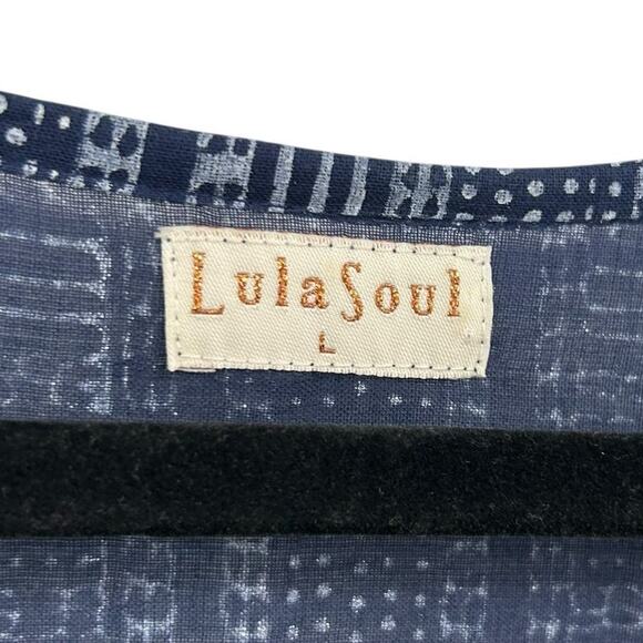 LulaSoul Navy White Printed Short Sleeve Tassel Knee Length Dress Womens Large - Picture 3 of 7